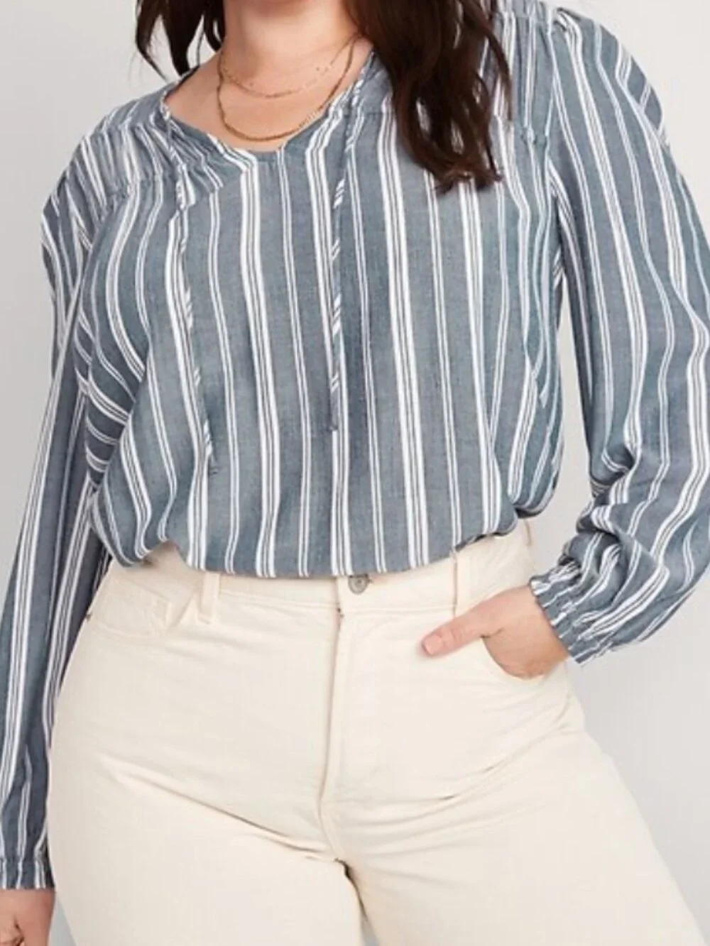 Old Navy Blue Striped Crinkled Smocked Poet Swing Blouse Size Small